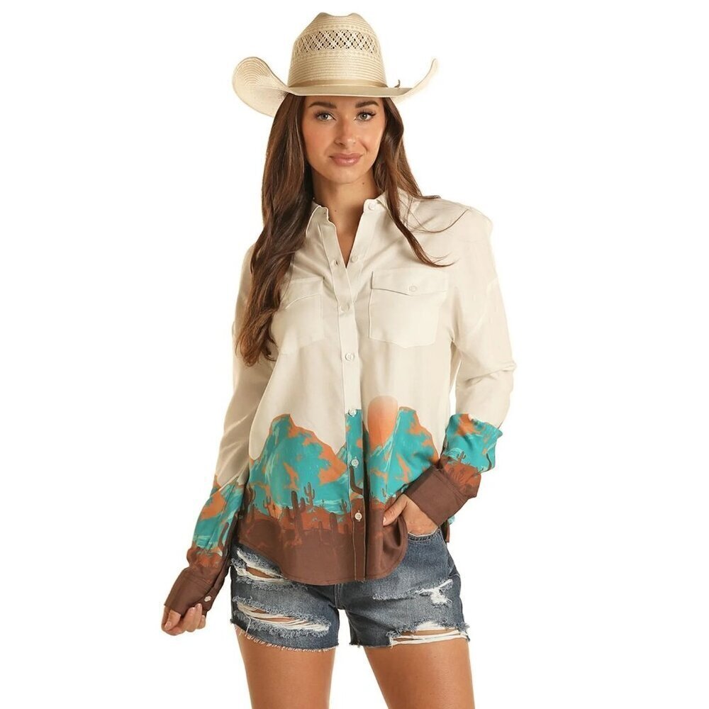 Rock & Roll Denim Women's MD Desert Scenery Boyfriend Button Shirt Natural
